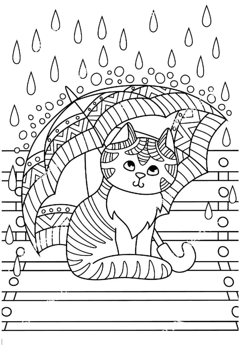 Söpö kissanpentu sateenvarjon alla Värityskuva