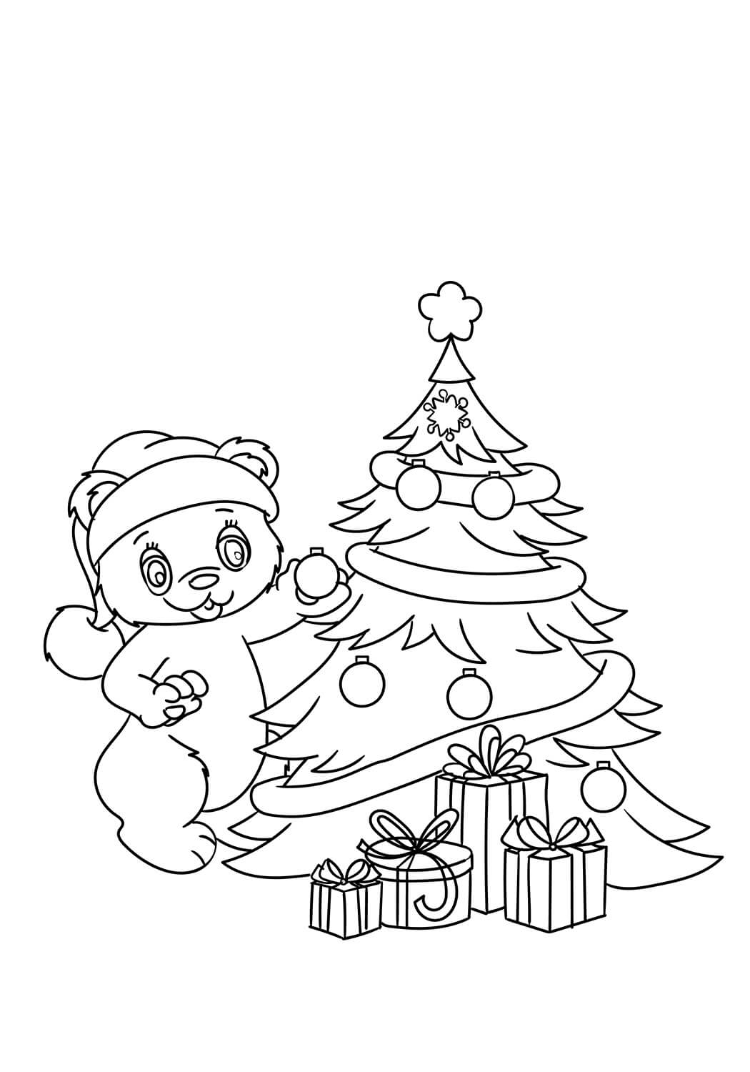 Teddy koristelee joulukuusta Värityskuva