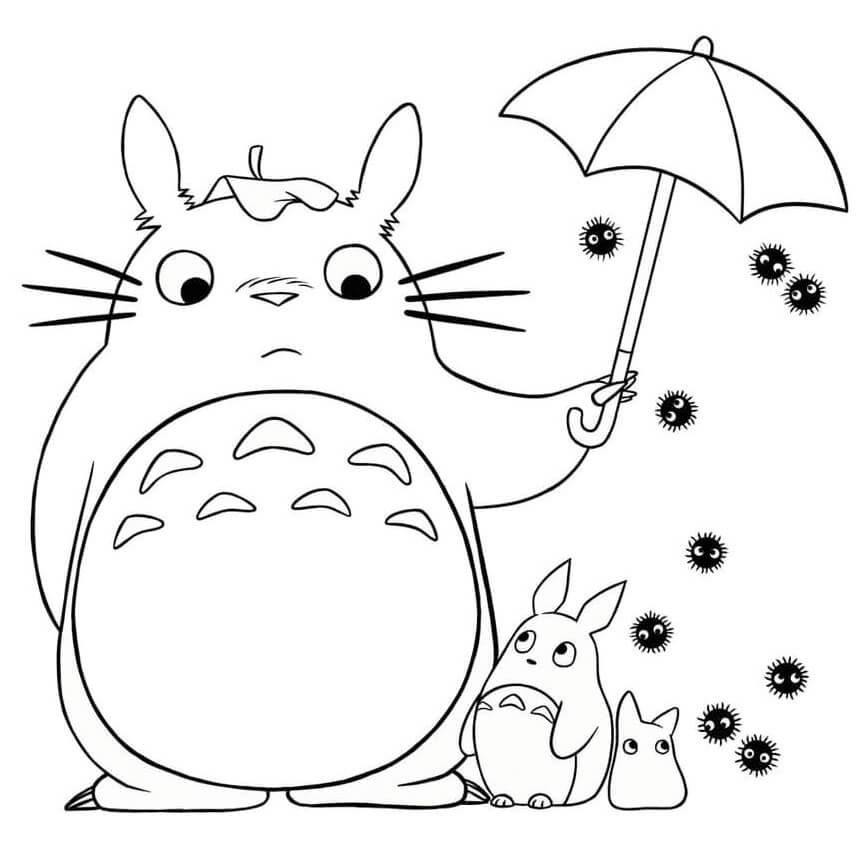Totoro pitelee sateenvarjoa Värityskuva