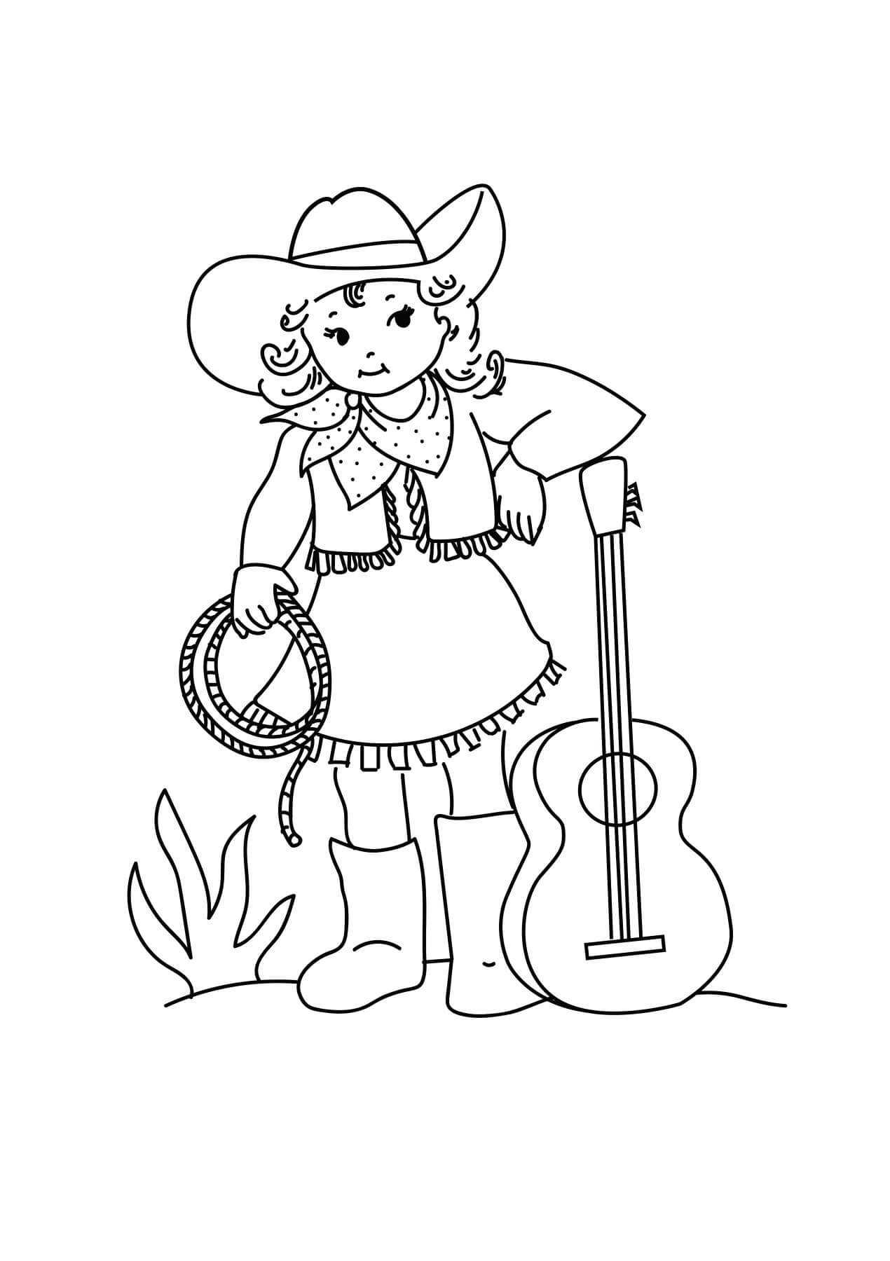 Tyttö Cowboy kitaran kanssa Värityskuva