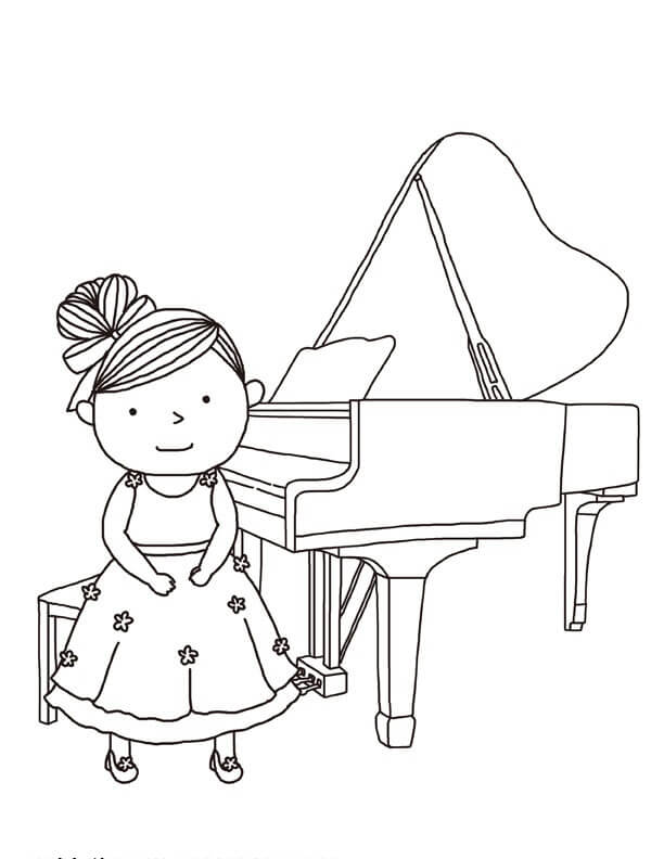 Tyttö pianon kanssa Värityskuva