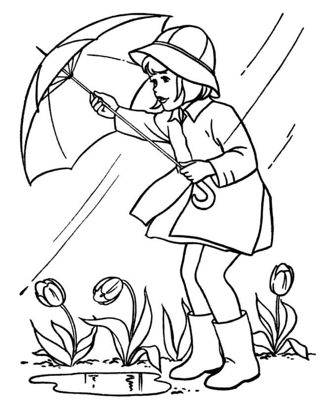Tyttö pitelee sateenvarjoa keväällä Värityskuva