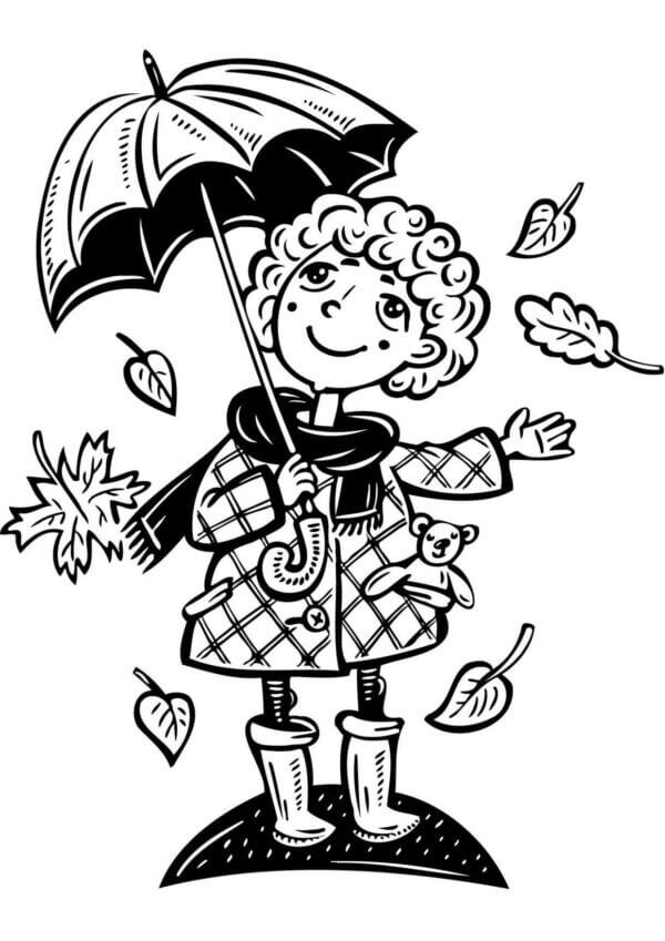 Tyttö pitelee sateenvarjoa syksyllä Värityskuva