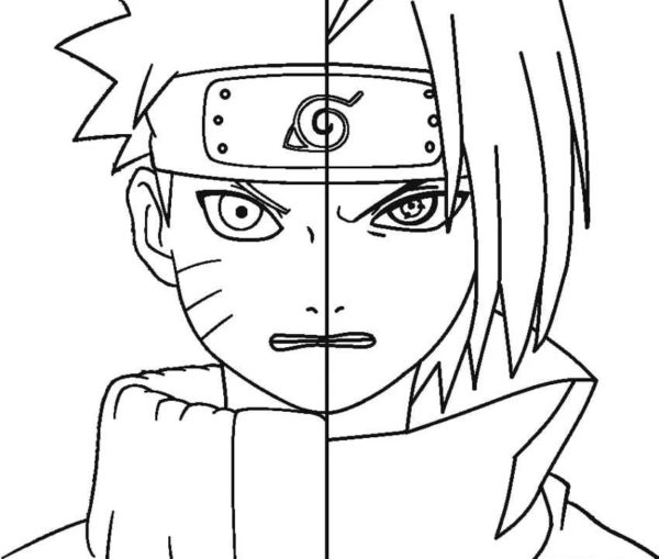 Puolet Naruton kasvoista, puolet Sasuken kasvoista Värityskuva