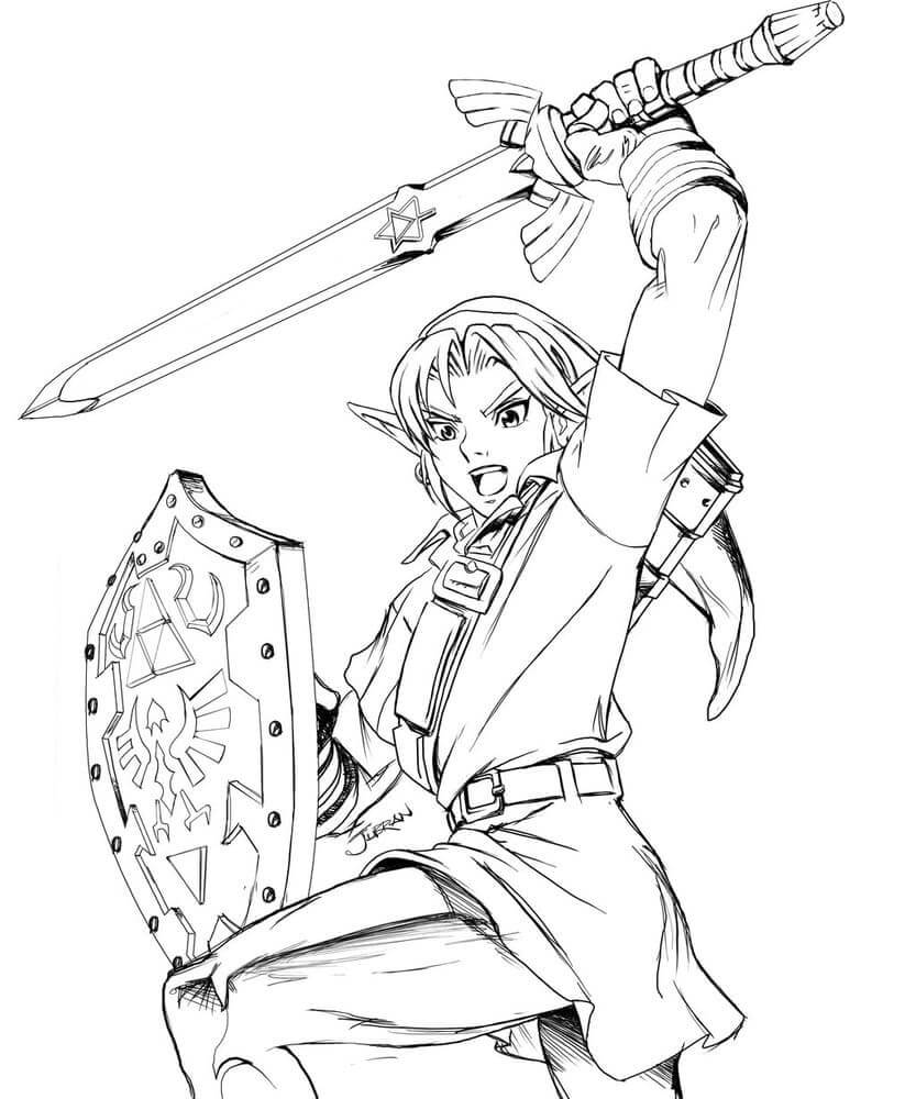 Anime-tyttö pitelee miekkaa ja kilpiä Värityskuva
