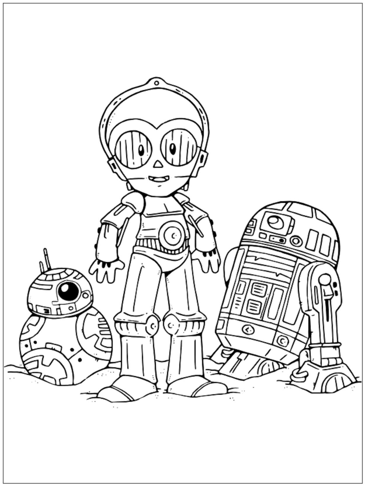 Chibi C-3P0 ja R2-D2 BB-8:lla Värityskuva
