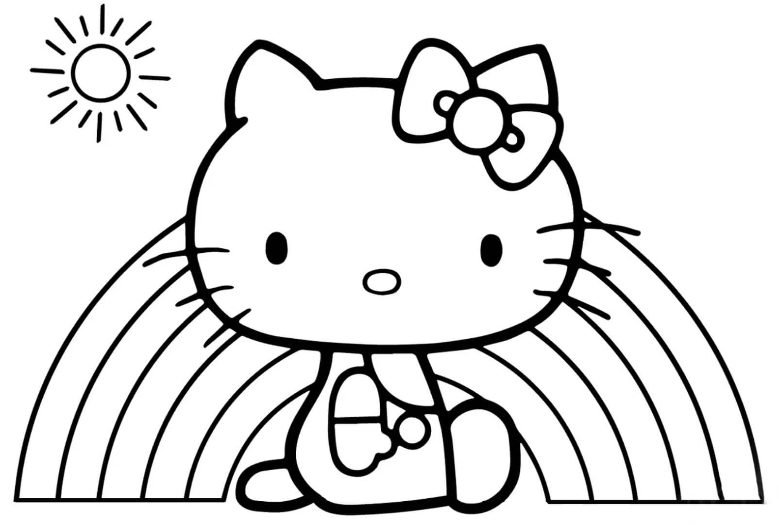Hello Kitty istuu sateenkaaren kanssa Värityskuva