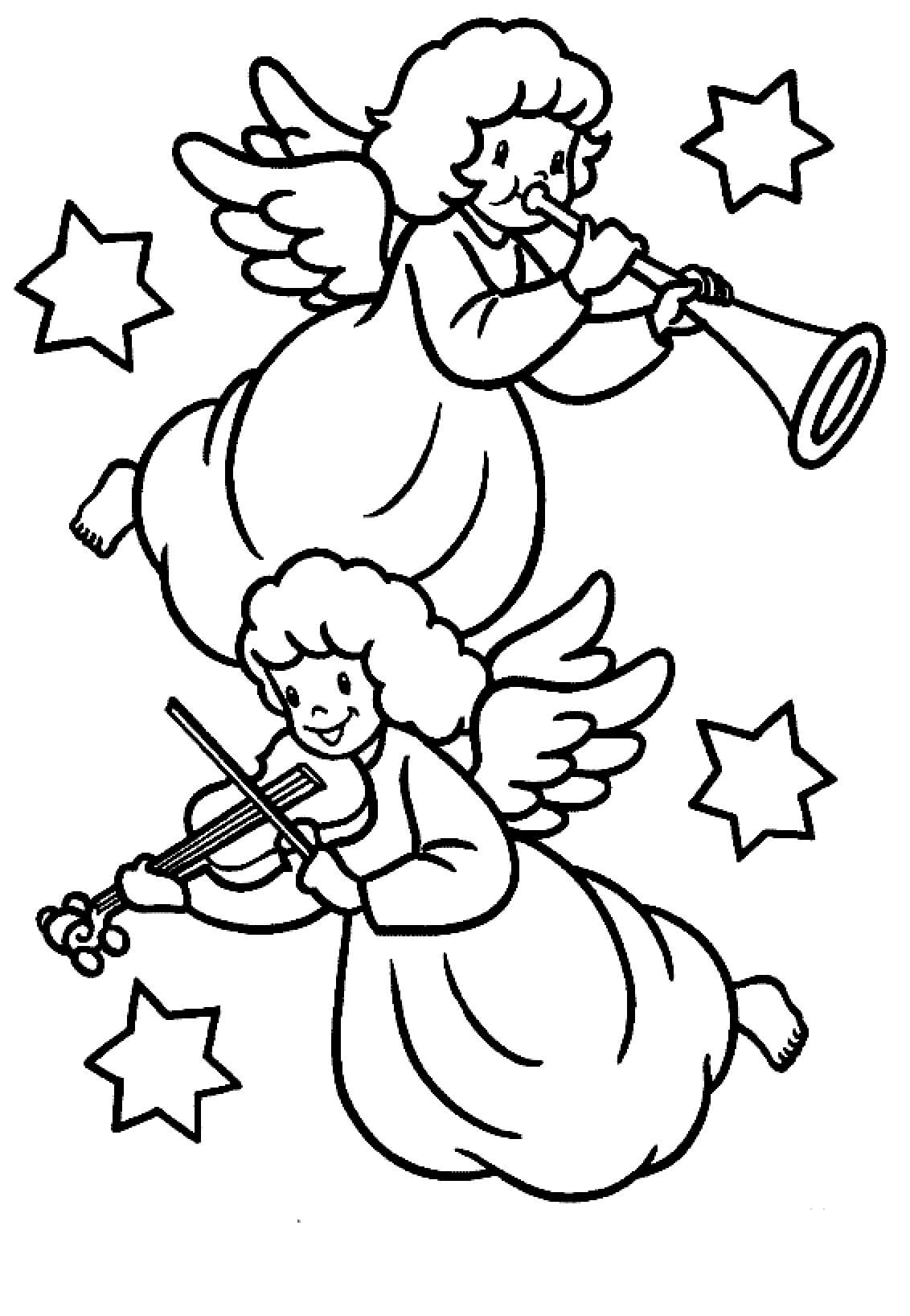 Kaksi jouluenkeliä trumpetin ja viulun kanssa Värityskuva