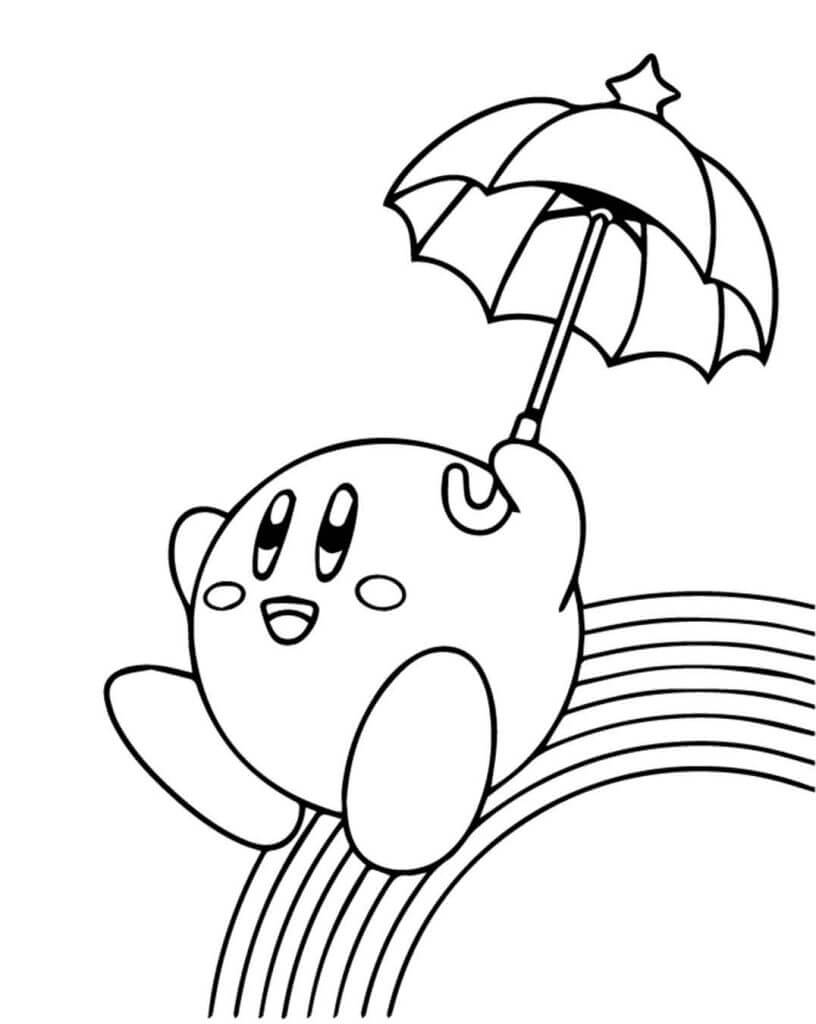 Kirby pitelee sateenvarjoa sateenkaarella Värityskuva