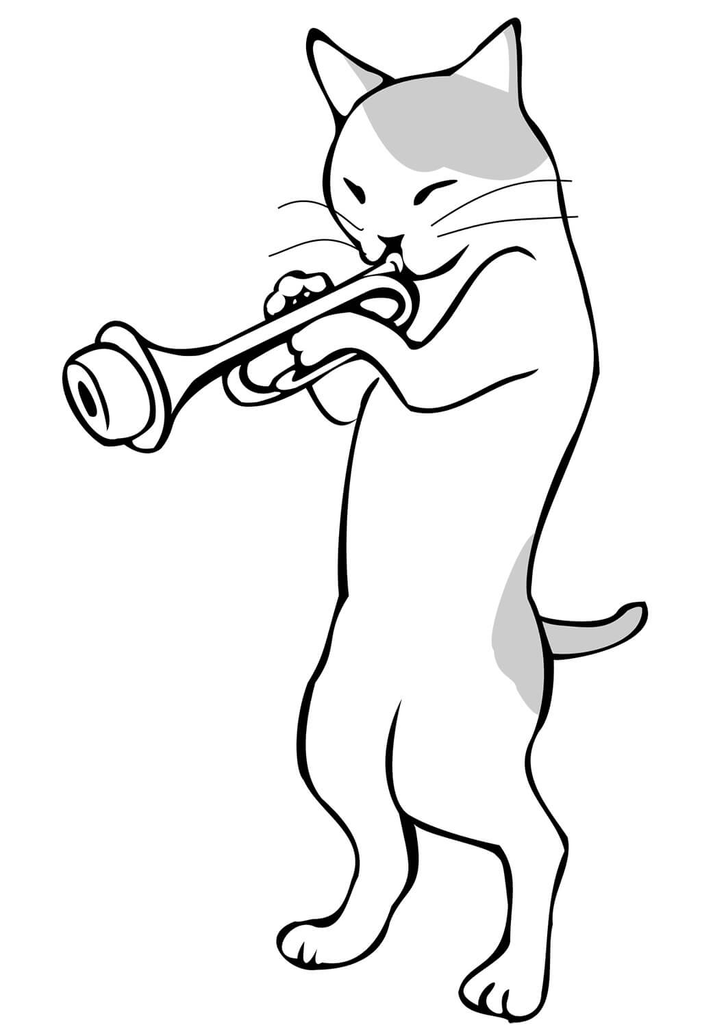 Kissa soittaa trumpettia Värityskuva