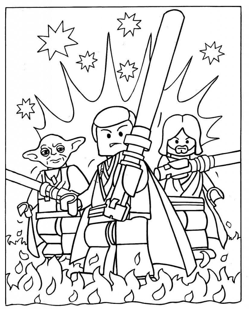 Kolme legoa Tähtien sota -hahmot liekeillä Värityskuva