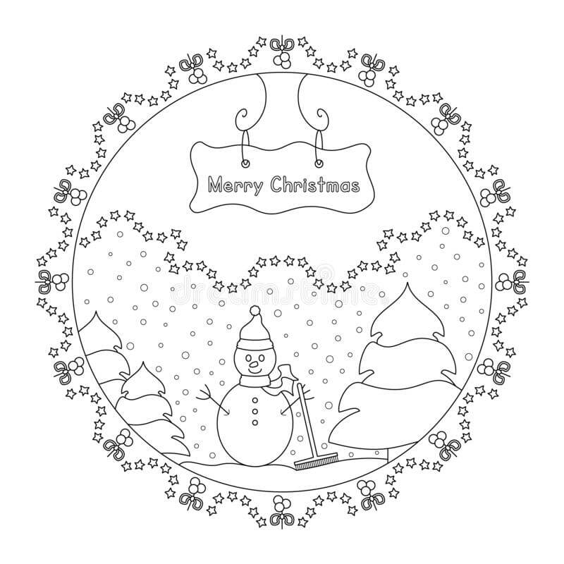 Lumiukko ja puu joulumandalassa Värityskuva