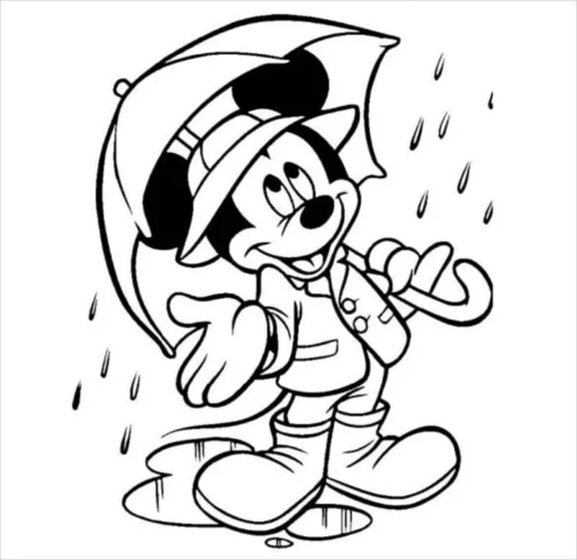 Mikki Hiiri pitelee sateenvarjoa sateessa Värityskuva