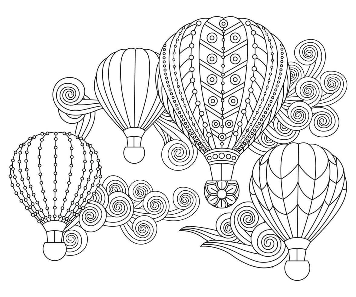 Neljä kuumailmapalloa Doodle-tyylillä Värityskuva