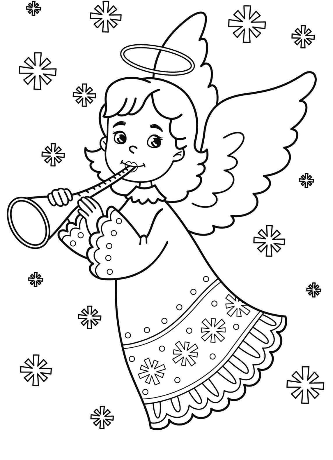 Pieni enkeli soittaa trumpettia lumihiutaleilla Värityskuva