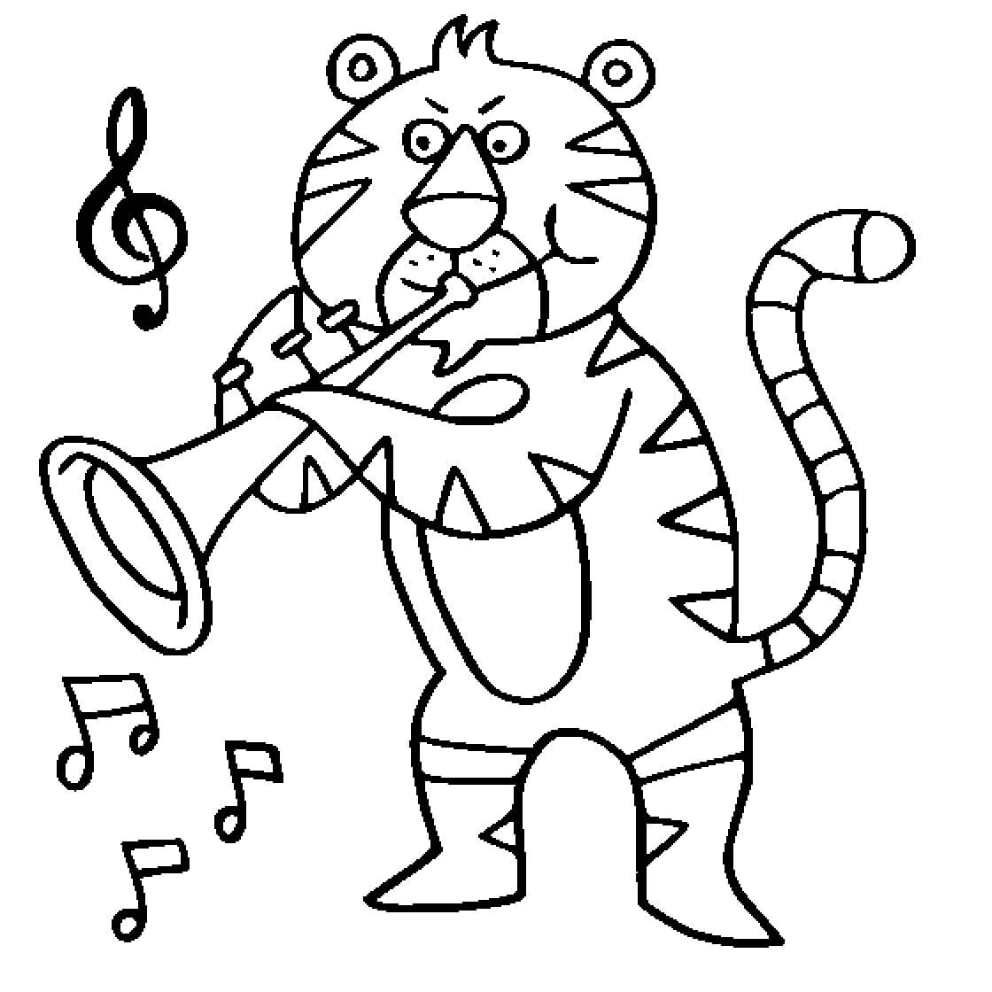Piirustus tiikeristä soittamassa trumpettia Värityskuva