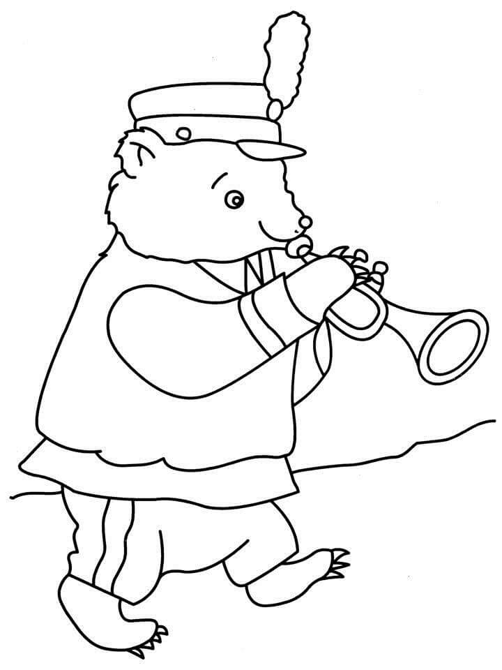 Sarjakuva karhu soittaa trumpettia Värityskuva