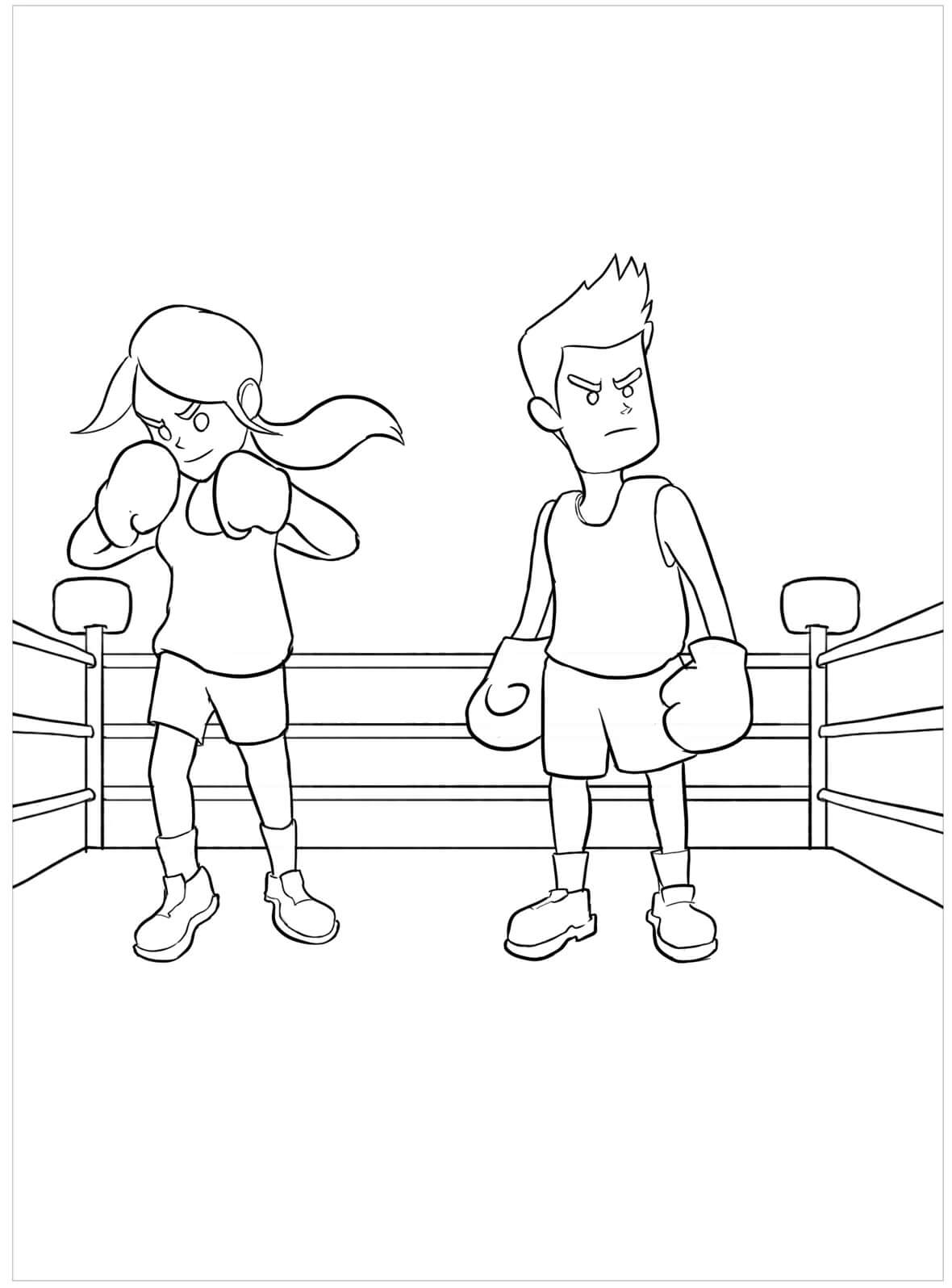 Tyttö ja poika nyrkkeilypelaaja Värityskuva
