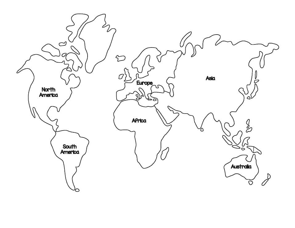 Maailmankartta mantereiden nimillä Värityskuva