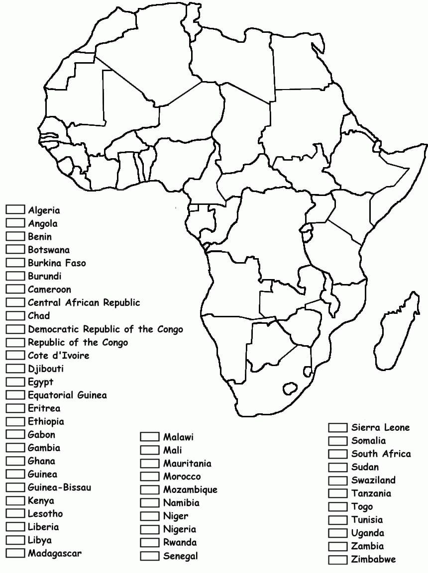 Tyhjä Afrikan kartta opiskelijoille Värityskuva