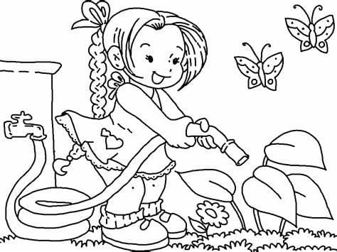 Pikkutyttö kastelee kukkia puutarhassa Värityskuva