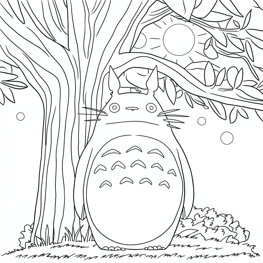 Totoro ison puun vieressä Värityskuva
