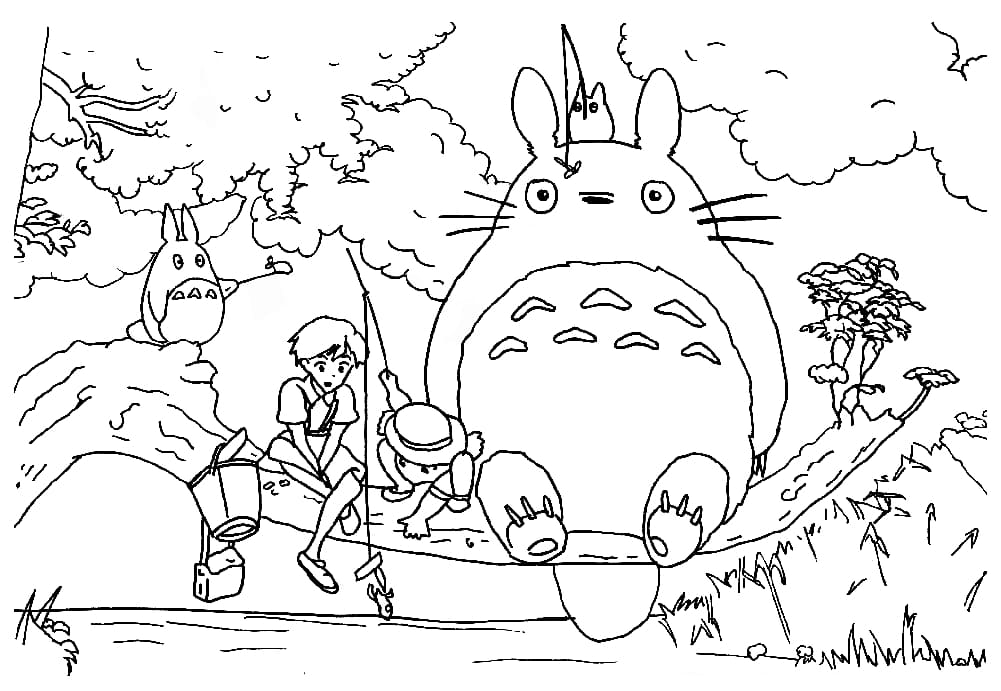 Totoro ystävien kanssa Värityskuva