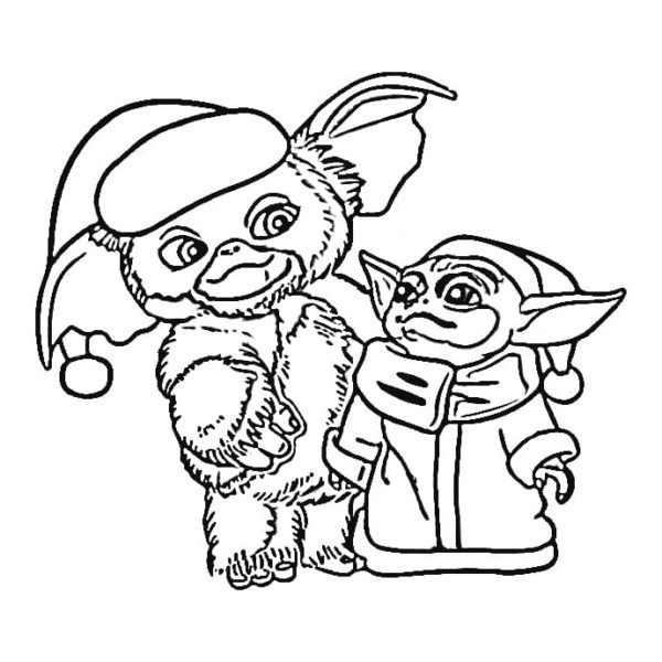 Gremlin ja Baby Yoda uudenvuoden asuissa. Värityskuva