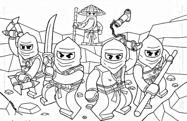 Koko ninjaryhmä viisaan velho Wun johdolla. Värityskuva