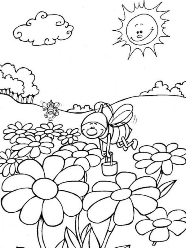 Tyytyväiset mehiläiset keräävät nektaria Värityskuva