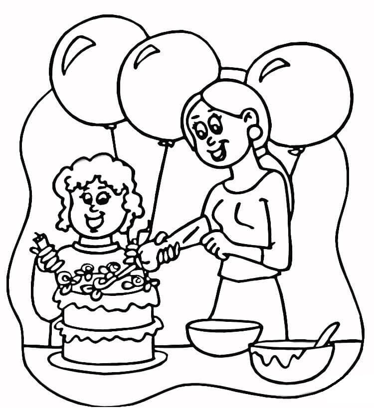 Hyvää äitienpäivää, kakkua ja ilmapalloja Värityskuva