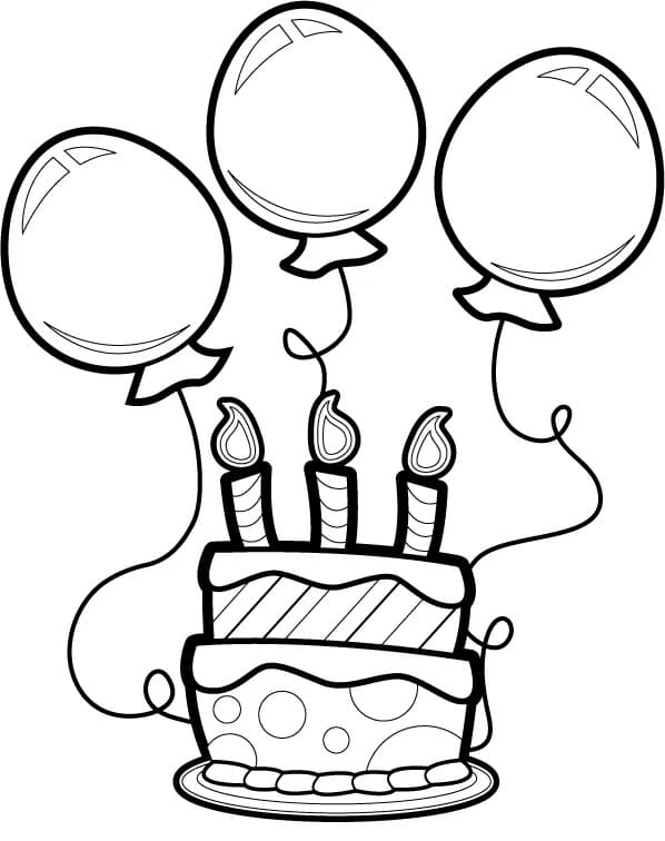 Hyvää syntymäpäivää kakku ja ilmapallot Värityskuva
