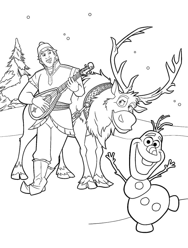 Kristoff, Sven ja Olaf Frozenista Värityskuva
