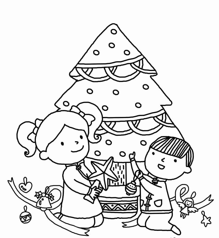 Lapset koristelemassa joulukuusta Värityskuva