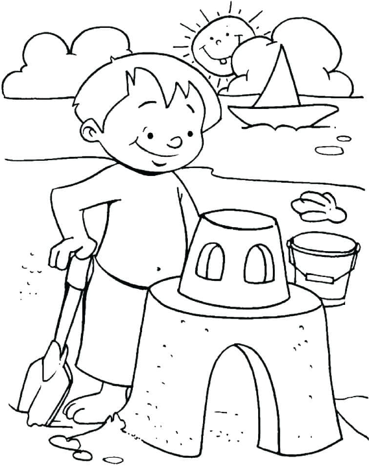 Pikkupoika ja hiekkalinna Värityskuva