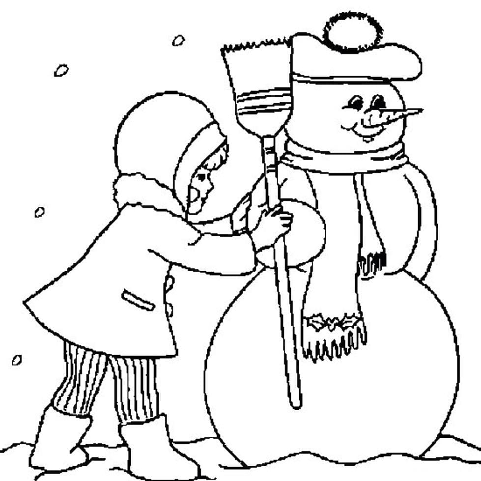 Pikkutyttö ja lumiukko Värityskuva