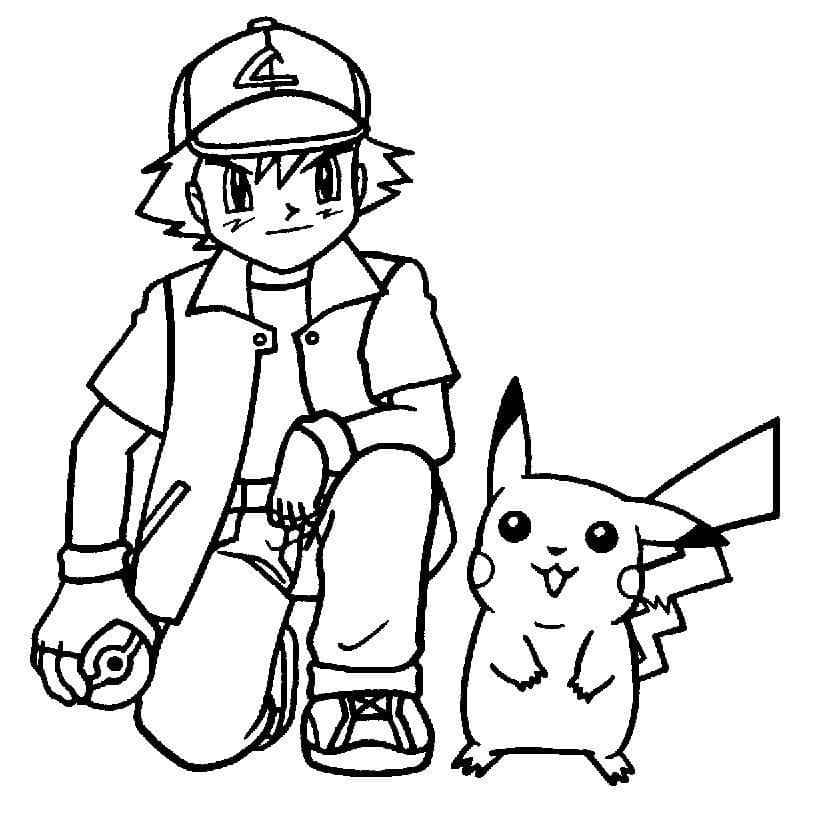 Satoshi ja Pikachu Värityskuva