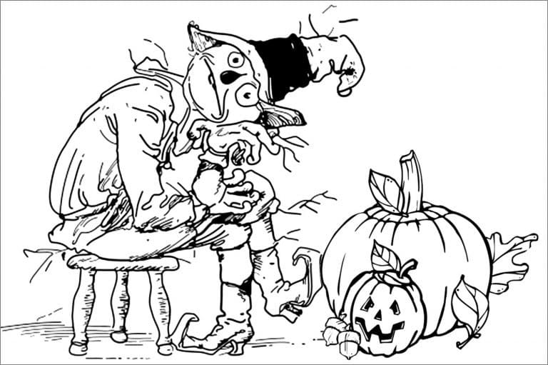 Hauska Scarecrow ja Kurpitsat Värityskuva