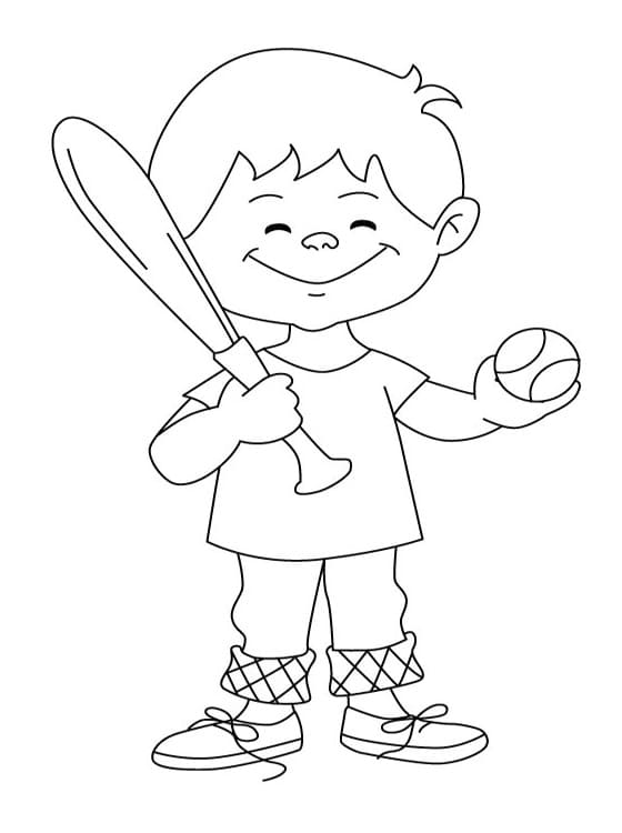 Iloinen poika pelaa pesäpalloa Värityskuva