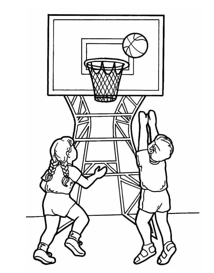 Lapset pelaamassa koripalloa Värityskuva