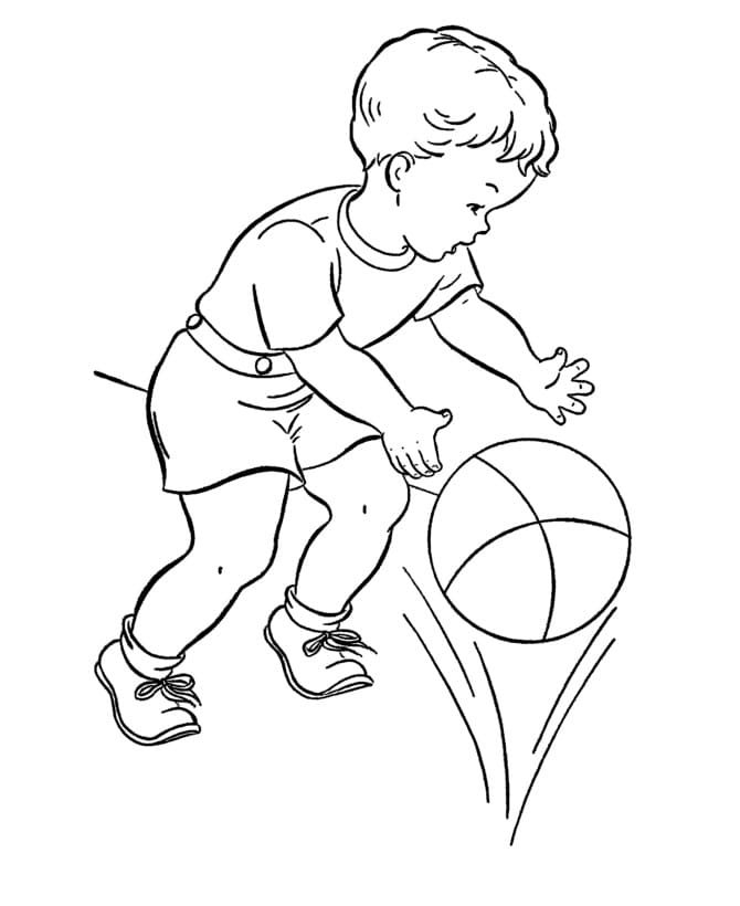 Pikkupoika koripallon kanssa Värityskuva