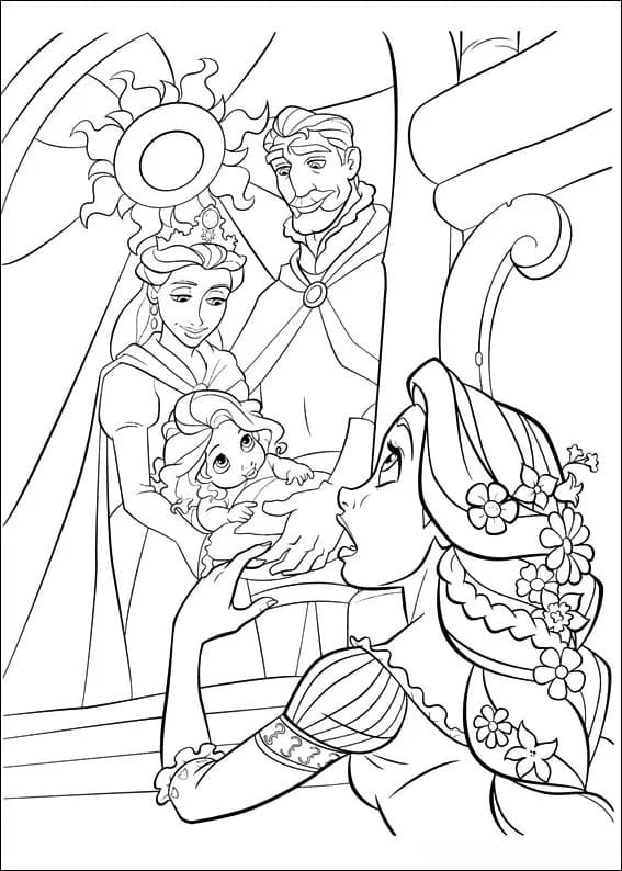 Prinsessa Rapunzel ja hänen perheensä Värityskuva