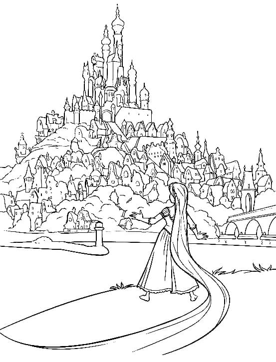 Prinsessa Rapunzel ja linna Värityskuva