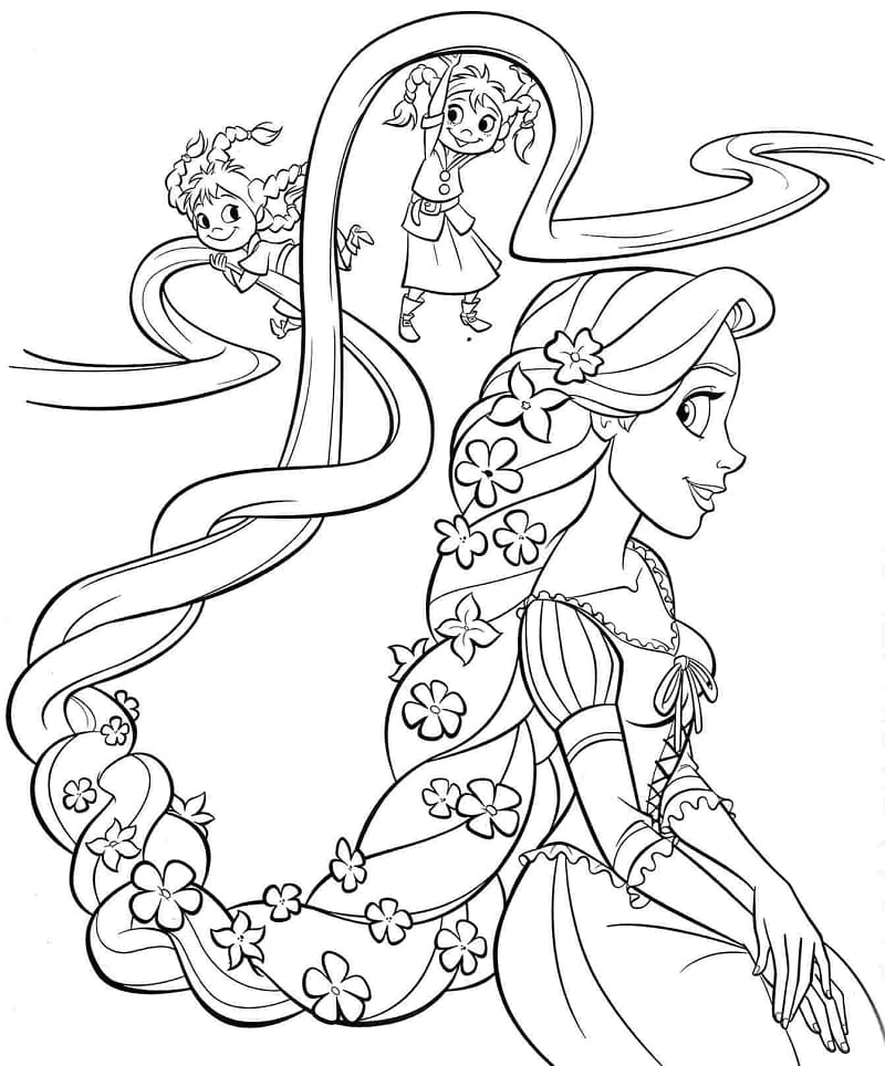 Prinsessa Rapunzel ja pienet tytöt Värityskuva