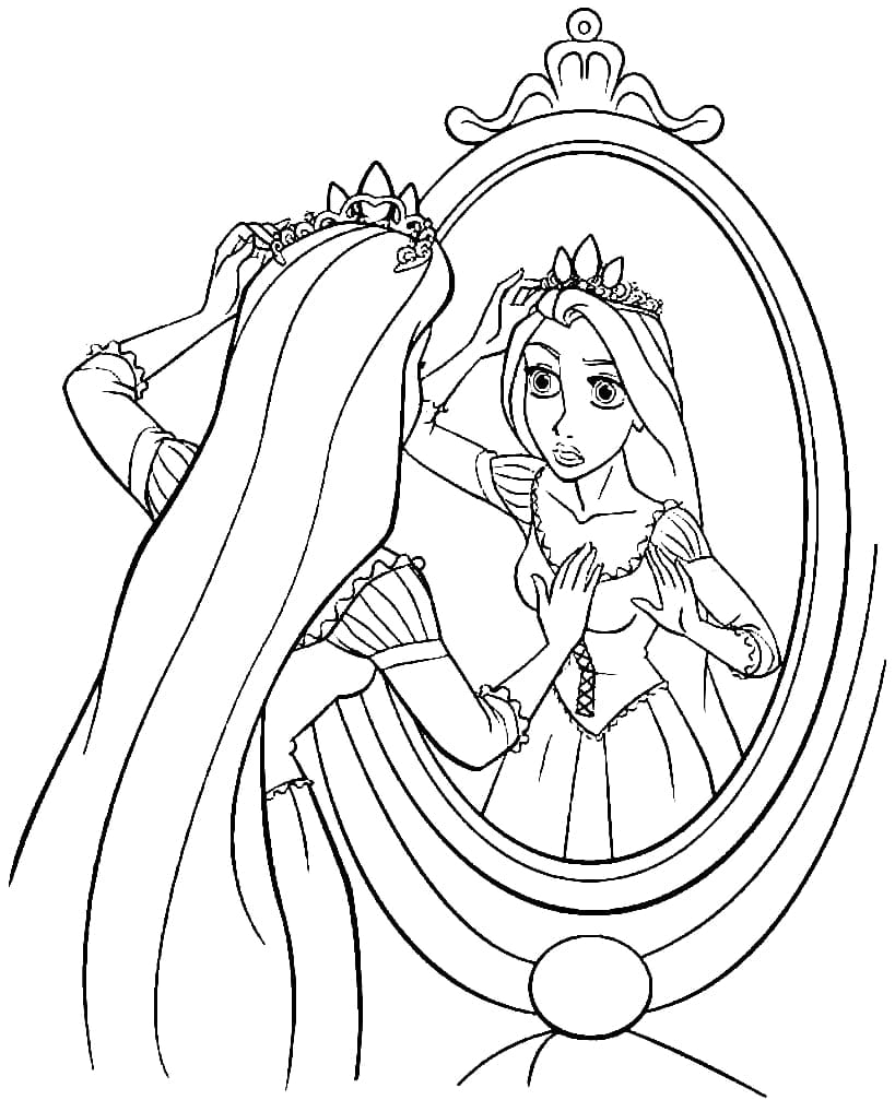 Prinsessa Rapunzel peilissä Värityskuva