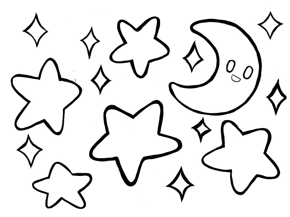 Suloinen kuu ja tähdet Värityskuva