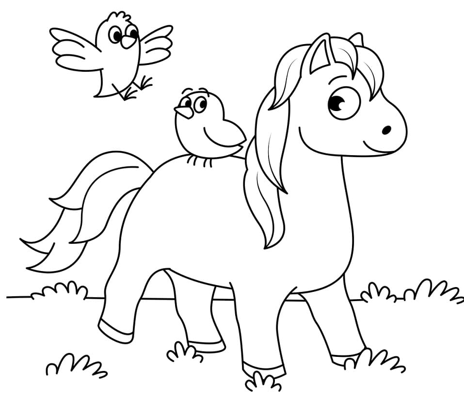 Horse and Birds coloring page Värityskuva