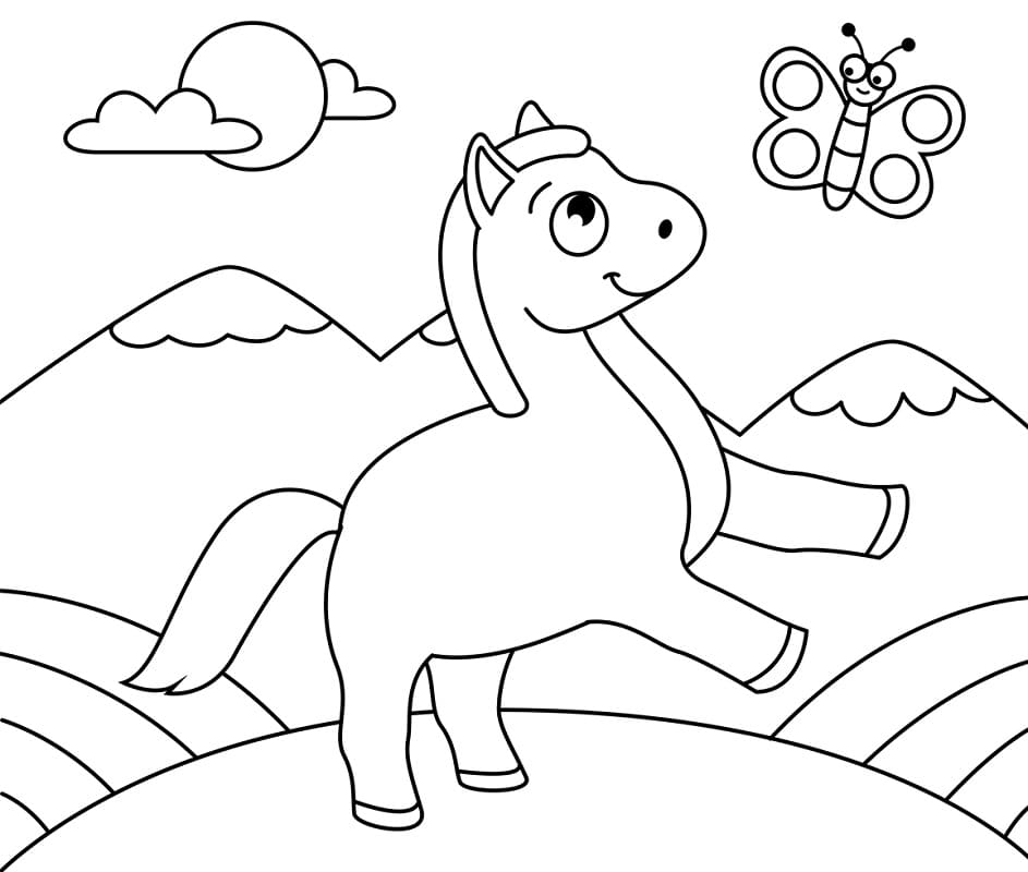 Horse and Butterfly coloring page Värityskuva
