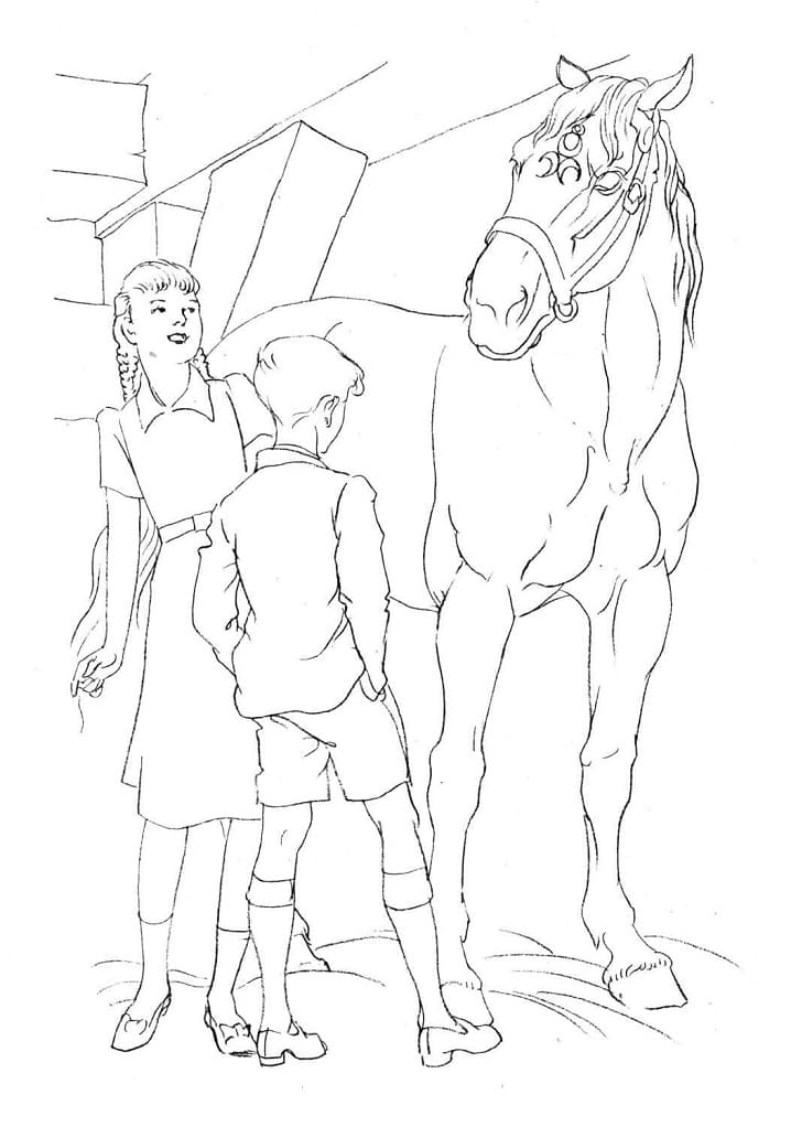 Kids and Horse coloring page Värityskuva
