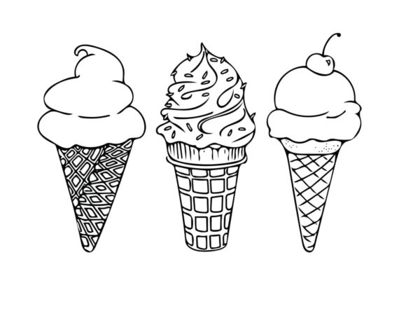 Kolme erilaista jäätelöä. Värityskuva